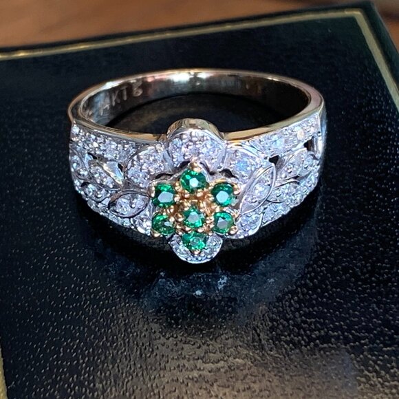 Tsavorite Garnet Diamond 14K Gold Ring Flower Leaves New Old Stock Sz 8 J667 - Picture 2 of 7